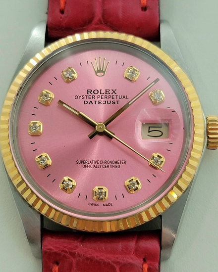 Rolex Datejust 36MM Aftermarket Pink Dial Aftermarket Leather Strap (16013)