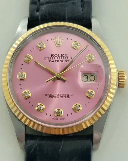 Rolex Datejust 36MM Aftermarket Pink Dial Aftermarket Leather Strap (16013)