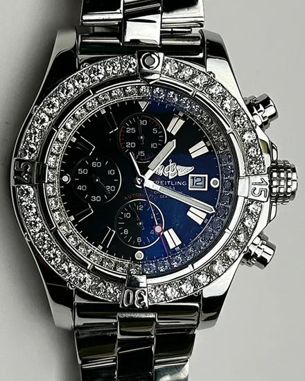 No Reserve - Breitling Super Avenger 48MM Aftermarket Black Dial Steel Bracelet (A13370)