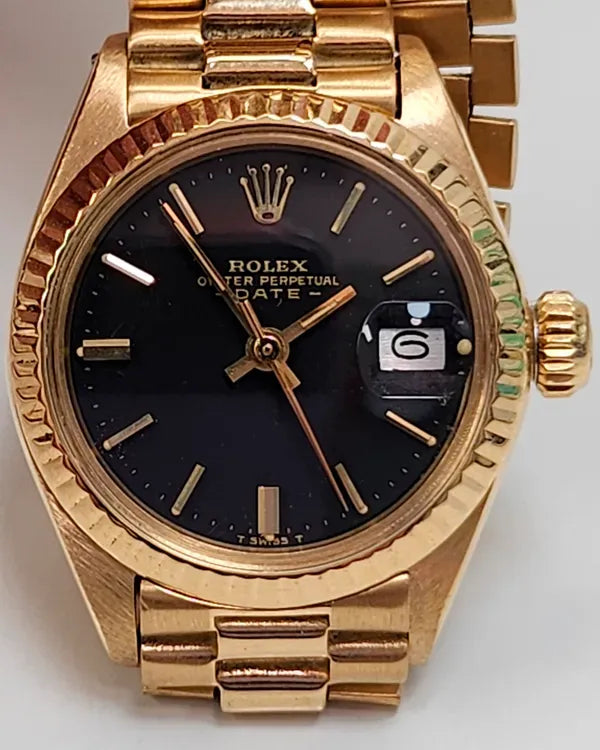 Rolex Lady-Datejust 26MM Black Dial Yellow Gold President Bracelet (6917)
