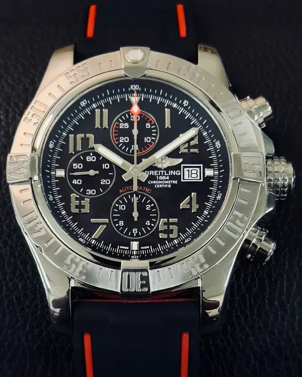 2014 Breitling Super Avenger II 48MM Black "Volcano" Dial Aftermarket Rubber Strap (A1337111)