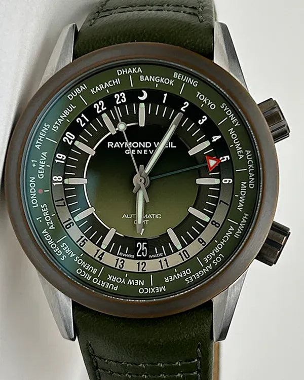 No Reserve - Raymond Weil Freelancer GMT Worldtimer 40.5MM Green Dial Leather Strap (2765-SBC-52001)