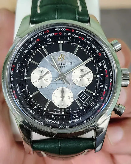 Breitling Transocean Chronograph Unitime 46MM Black Dial Leather Strap (AB0510)