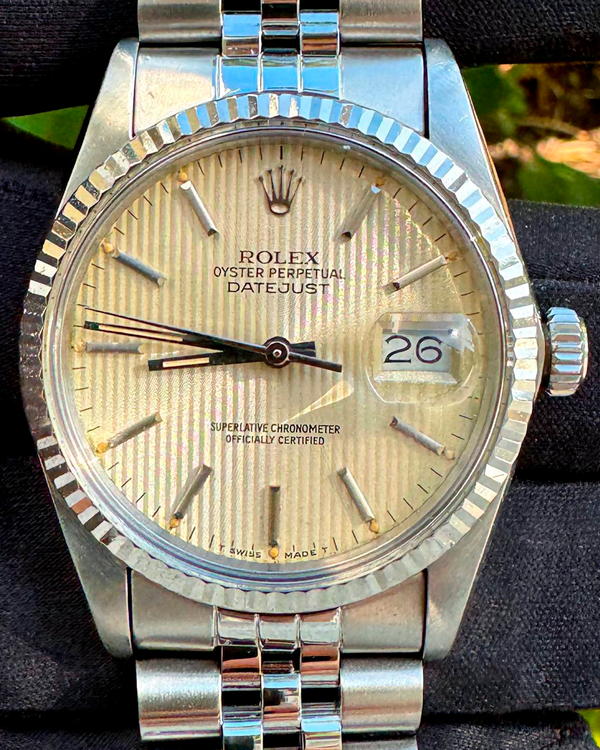 1986 (8 Mil Serial) Rolex Datejust 36MM Silver "Tapestry" Dial Jubilee Bracelet (16014)
