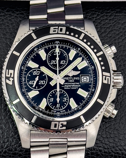 No Reserve - 2012 Breitling Superocean Chronograph 44MM Black Dial Steel Bracelet (A110B84PRS)