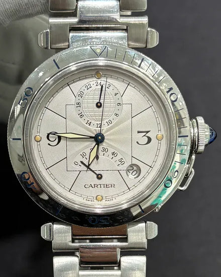 Cartier Pasha De Cartier GMT 38MM Silver Dial Steel Bracelet (2388)