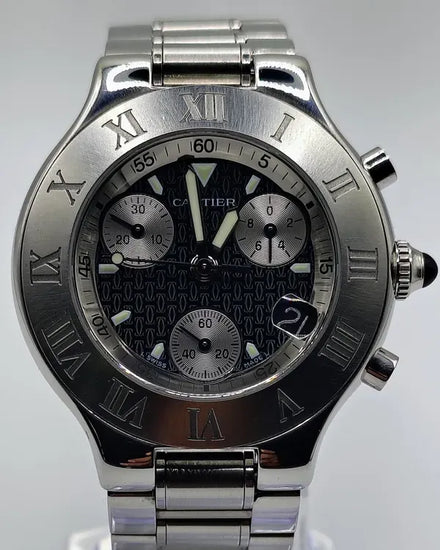 Cartier 21 Chronoscaph 38MM Quartz Black "Double C Motif" Dial Steel Bracelet (W10172T2)