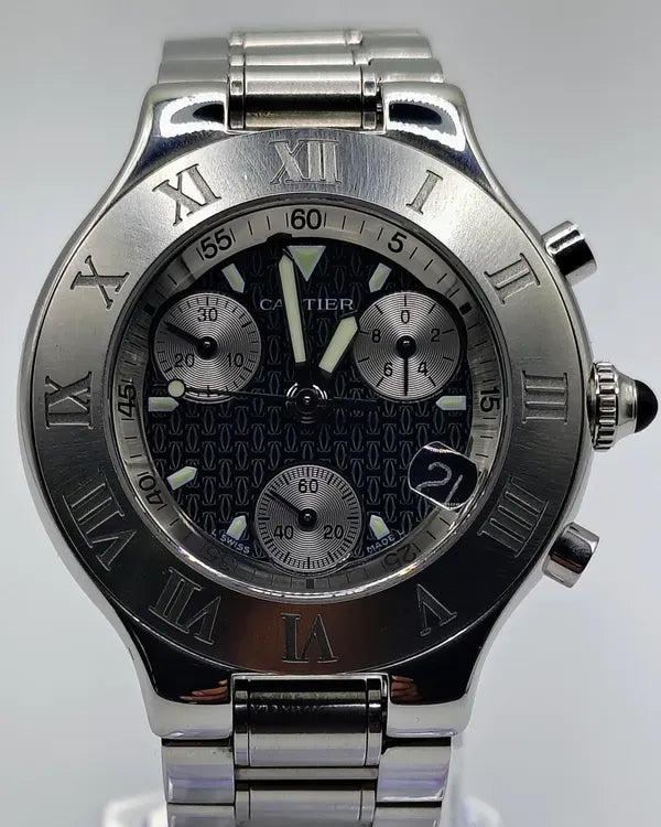 Cartier 21 Chronoscaph 38MM Quartz Black "Double C Motif" Dial Steel Bracelet (W10172T2)