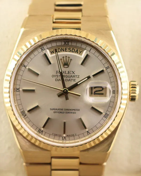 1979 (5.7 Mil. Serial) Rolex Day-Date Oysterquartz 36MM Quartz Silver Dial Yellow Gold Bracelet (19018)