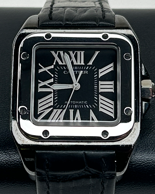 Cartier Santos 100 33MM Black Dial Aftermarket Leather Strap (W2020008)