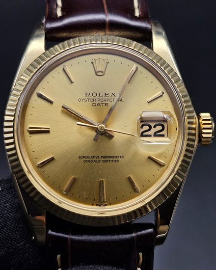 Rolex Oyster Perpetual Date 34MM Champagne Dial Aftermarket Leather Strap (1503)