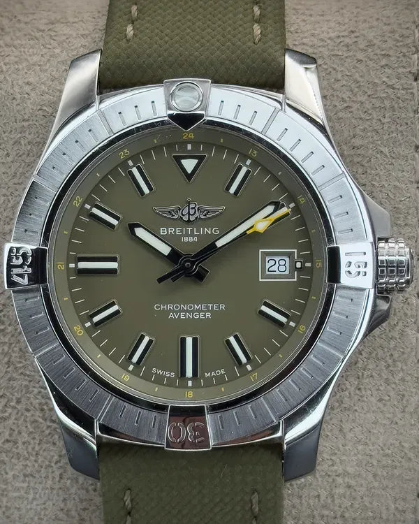 No Reserve - 2024 Breitling Avenger 43MM Khaki Green Dial Textile Strap (A17318)