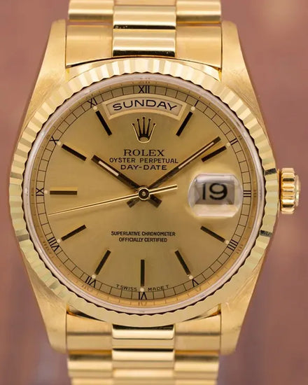 1995 (W Serial) Rolex Day-Date 36MM Champagne Dial Yellow Gold President Bracelet (18238)