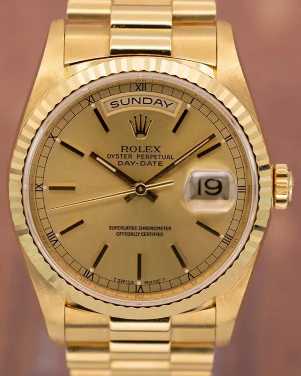 1995 (W Serial) Rolex Day-Date 36MM Champagne Dial Yellow Gold President Bracelet (18238)