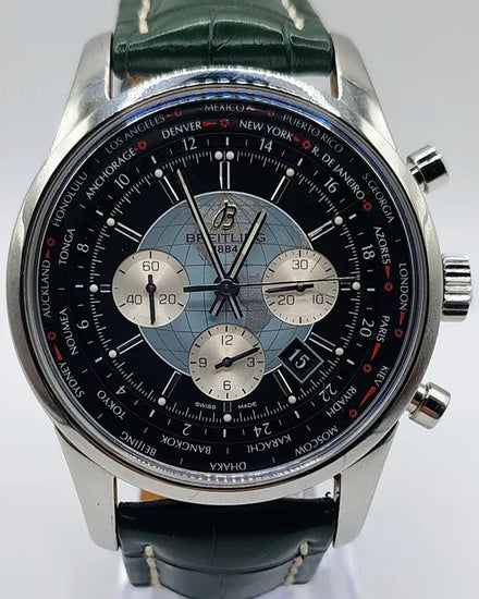Breitling Transocean Chronograph Unitime 46MM Black Dial Leather Strap (AB0510)