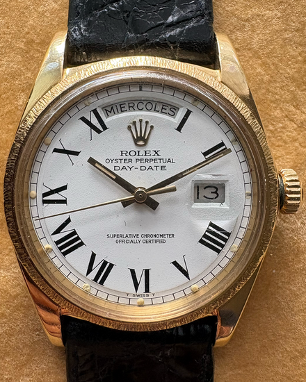 1973 Rolex Day-Date 36MM White "Buckley" Dial Leather Strap (1807)