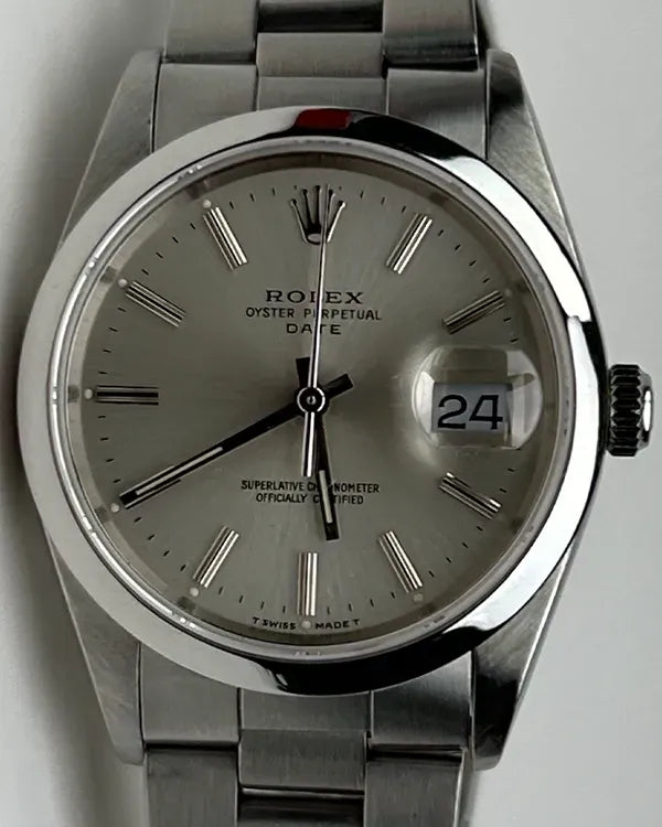 1990 (E Serial) Rolex Oyster Perpetual Date 34MM Silver Dial Oyster Bracelet (15200)
