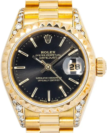 Rare Rolex Lady-Datejust "Pyramid Bezel" 26MM Black Dial Yellow Gold President Bracelet (69178)