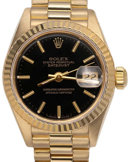 Rolex Lady-Datejust 26MM Black Dial Yellow Gold President Bracelet (69178)