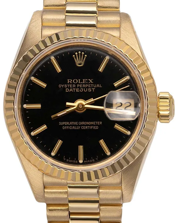 Rolex Lady-Datejust 26MM Black Dial Yellow Gold President Bracelet (69178)