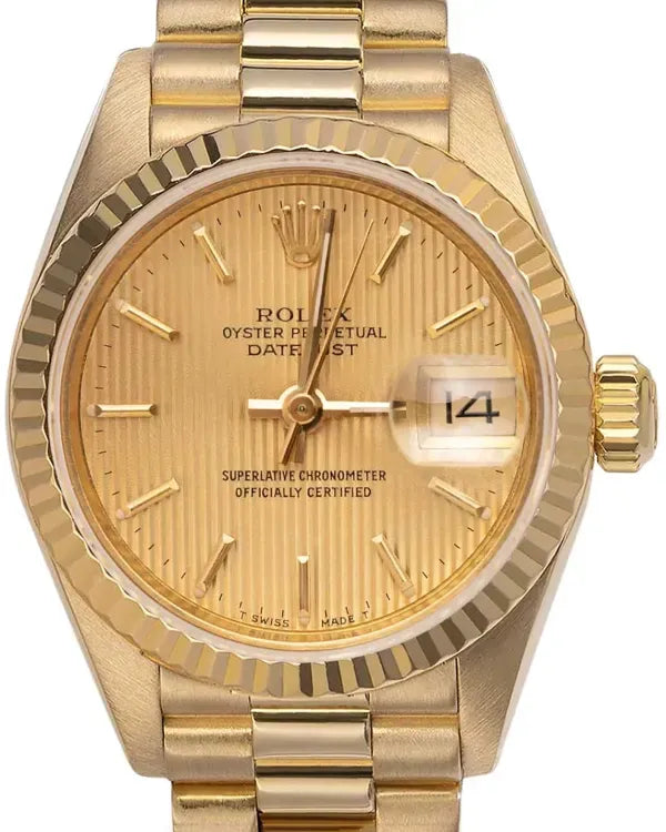 Rolex Lady-Datejust 26MM Champagne "Tapestry" Dial Yellow Gold President Bracelet (69178)