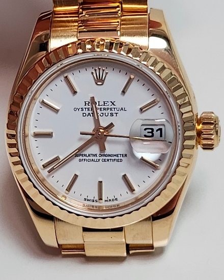 Rolex Lady-Datejust 26MM White Dial Yellow Gold President Bracelet (179178)