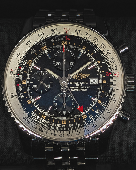 2009 Breitling Navitimer World GMT 46MM Black Dial Steel Bracelet (A24322)