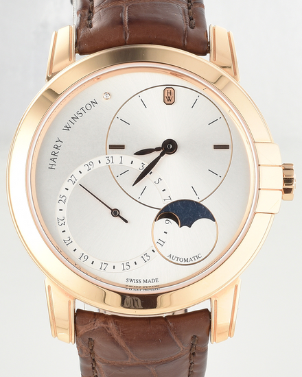 Harry Winston Midnight Date Moon Phase 42.5MM Silver Dial Leather Strap (MIDAMP42RR003)