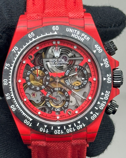 2025 Rolex Cosmograph Daytona "Carmine Concept" 40MM Aftermarket Skeleton Dial Aftermarket Textile Strap (ASREF5)