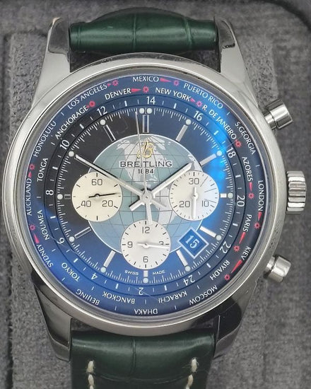 Breitling Transocean Chronograph Unitime 46MM Black Dial Leather Strap (AB0510)