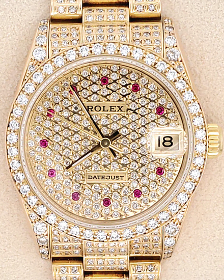1990 Rolex Datejust 31MM Aftermarket Diamond Pave Dial Aftermarket Yellow Gold President Bracelet (68288)