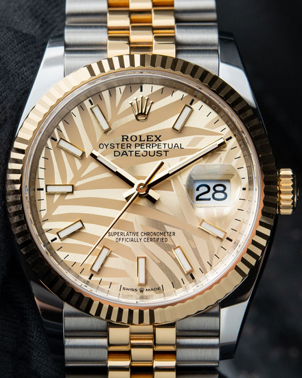 2022 Discontinued Rolex Datejust 36MM Champagne "Palm Motif" Dial Two-Tone Jubilee Bracelet (126233)