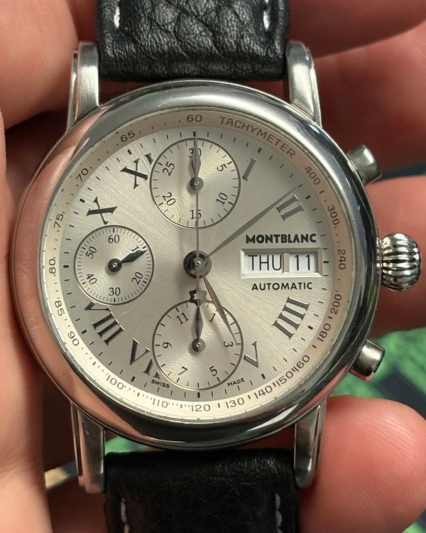 Montblanc Meisterstück Chronograph 38MM Silver Dial Leather Strap (7016)