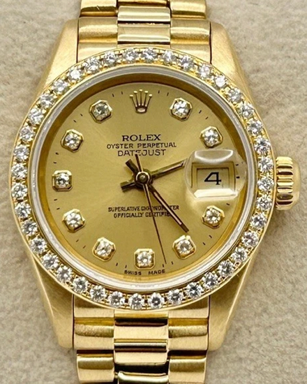 1986 (9.0 Mill Serial) Rolex Lady-Datejust 26MM Champagne Dial Yellow Gold President Bracelet (69138)