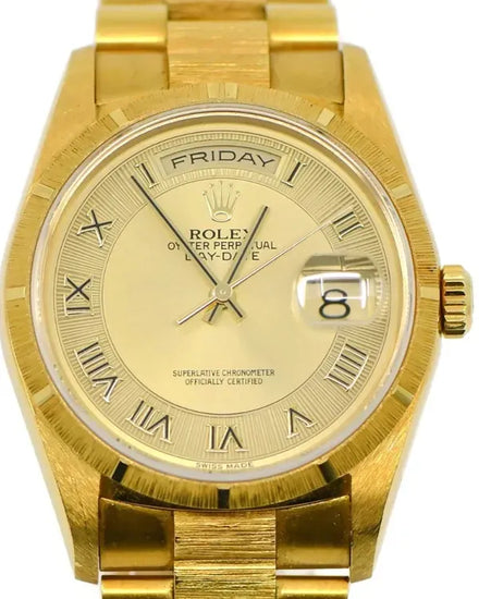 1999 Rare Rolex Day-Date 36MM Champagne Dial Yellow Gold "Bark" President Bracelet (18248)