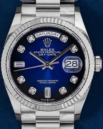 2023 Rolex Day-Date 36MM Ombré Blue Dial White Gold President Bracelet (128239)