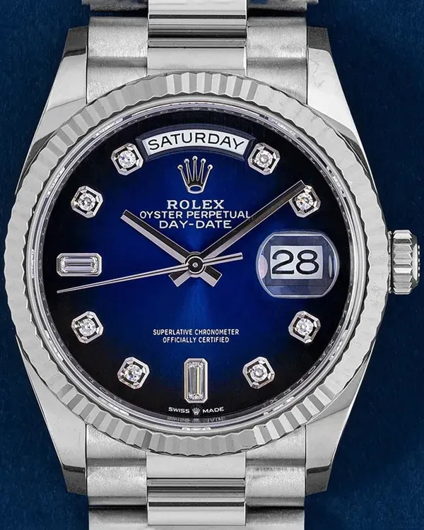 2023 Rolex Day-Date 36MM Ombré Blue Dial White Gold President Bracelet (128239)