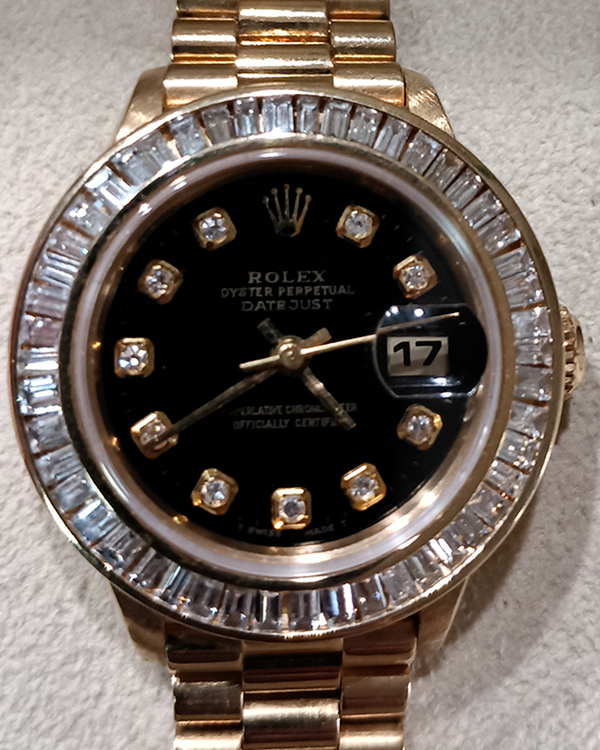 1997 Rolex Lady-Datejust 26MM Black Dial Yellow Gold President Bracelet (69178)