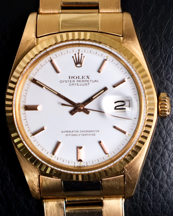 1973 Rolex Datejust 36MM White Dial Rose Gold Oyster Bracelet (1601)