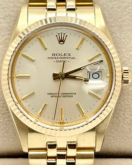 1981 (6.7 Mill Serial) Rolex Oyster Perpetual Date 34MM Silver Dial Yellow Gold Jubilee Bracelet (15037)