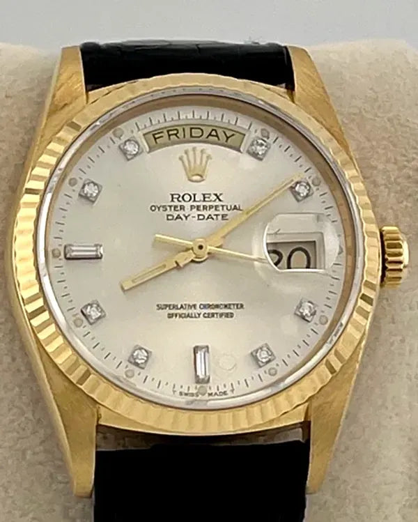 1987 (9.6 Mill Serial) Rolex Day-Date 36MM Silver Dial Leather Strap (18038)