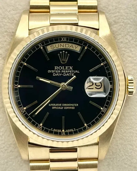 1981 (6.6 Mill.Serial) Rolex Day-Date 36MM Black Dial Yellow Gold President Bracelet (18038)