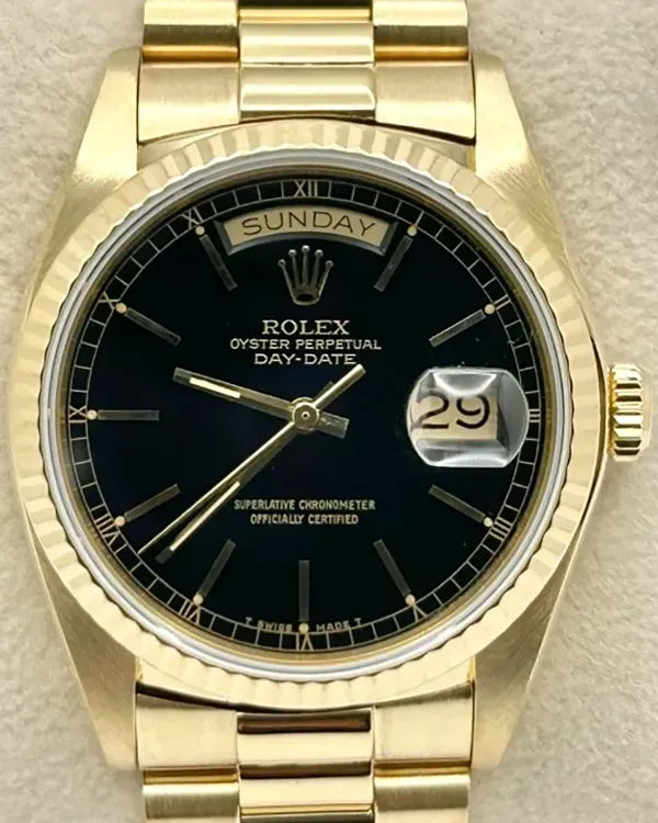 1981 (6.6 Mill.Serial) Rolex Day-Date 36MM Black Dial Yellow Gold President Bracelet (18038)