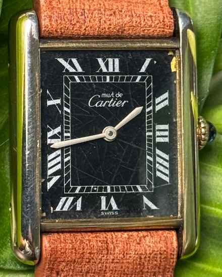 1980 Cartier Vermeil Must Tank 20MM Black Dial Aftermarket Leather Strap (ETA 2512)