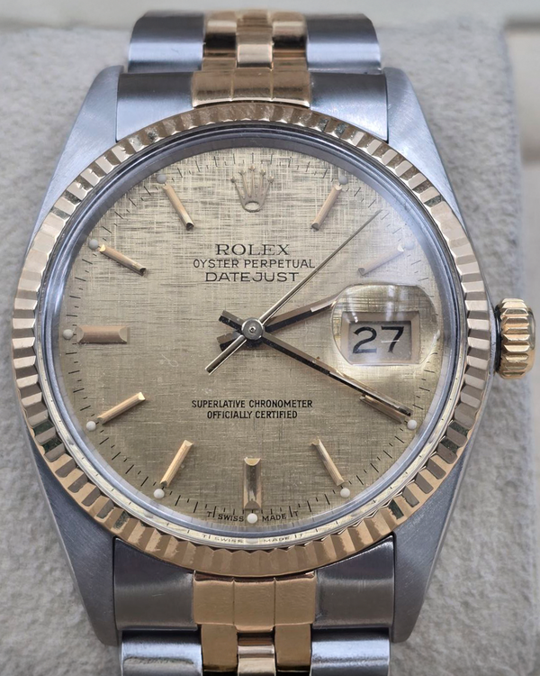 1986 Rolex Datejust 36MM Champagne "Linen Motif" Dial Two-Tone Jubilee Bracelet (16013)