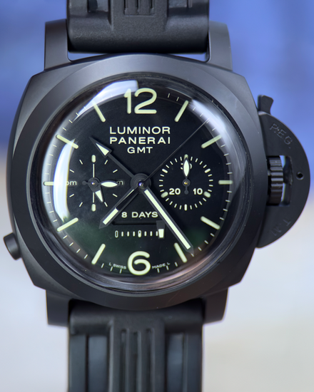 2014 Panerai Luminor 1950 8 Days Chrono Monopulsante GMT L.E. 44MM Black Dial Rubber Strap (PAM00317)
