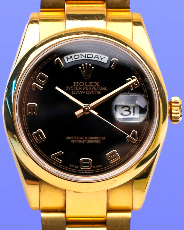 2009 Rolex Day-Date 36MM Black Dial Yellow Gold Oyster Bracelet (118205)