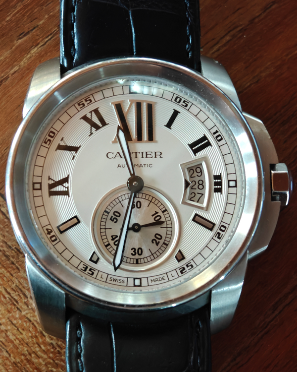 (angie) Cartier Calibre de Cartier 42MM Silver Dial Leather Strap (3389)