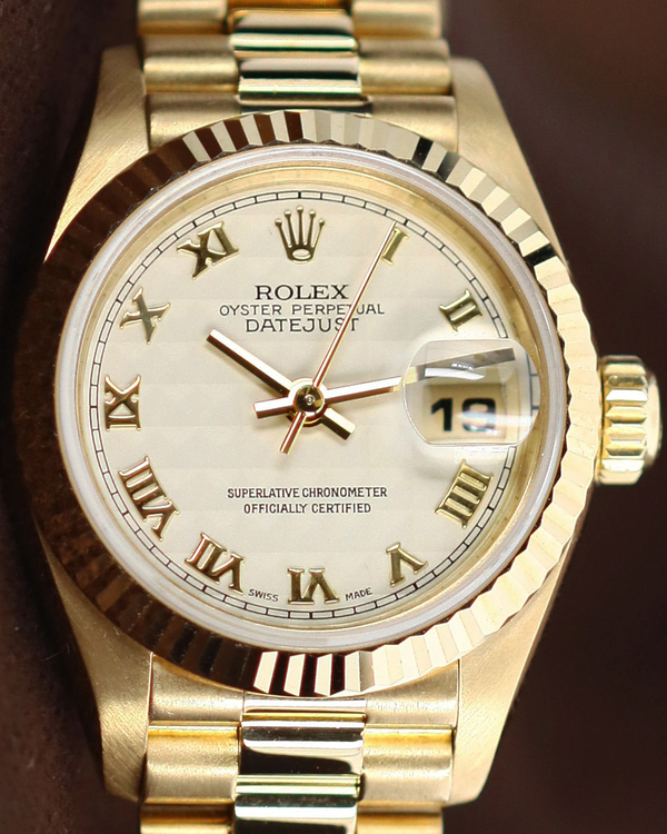 Rolex Lady-Datejust 26MM Ivory "Pyramid" Dial Yellow Gold President Bracelet (69178)