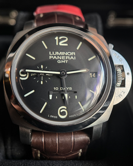 2012 Panerai Luminor 1950 10 Days GMT 44MM Black Dial Leather Strap (PAM00270)